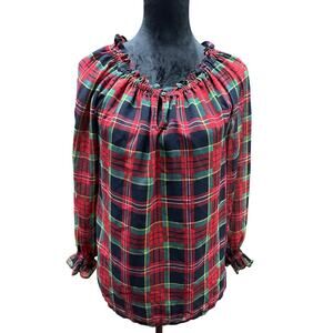 Talbots Christmas Top Blouse Red Black Green Plaid Sheer Ruffle S Holiday Party